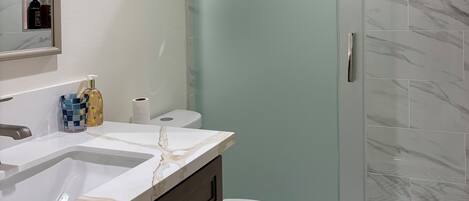 Shower, hair dryer, towels, soap