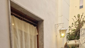 Un'area esterna con posti a sedere, caratterizzata da sedie in vimini, un tavolo, una tenda, un lampadario fissato al muro e piante in vaso.