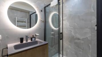 Shower, hair dryer, bidet, towels