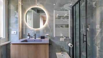 Shower, hair dryer, bidet, towels