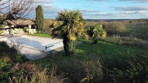 A rural landscape with a stone building, palm trees, and a clear sky.