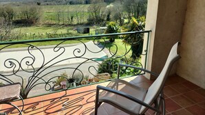 A balcony with a metal railing, a chair, and potted plants.