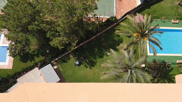 Vista aerea di una proprietà con piscina, palme e area recintata.