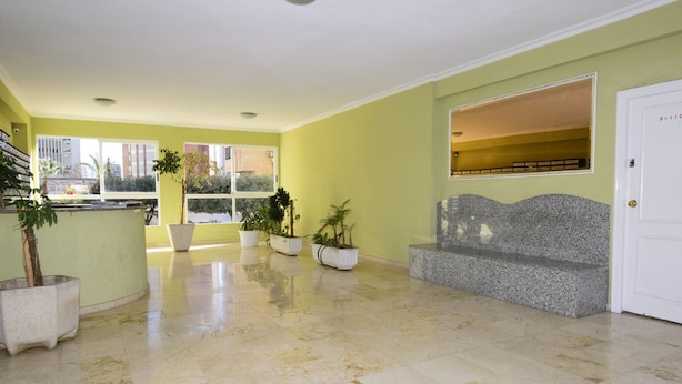 A spacious lobby with a marble floor, a granite bench, and several potted plants. - Karola 9A in Benidorm (Benidorm)