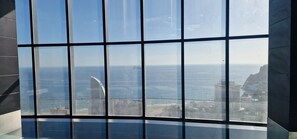 A view through a large window with a grid pattern, overlooking a coastal area with buildings and a clear sky. - Benidorm Beach 19-153 (Benidorm)