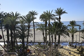 A beach with palm trees and a pool area. - SAN Pedro 3 Bedrooms (Benidorm)