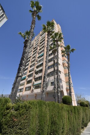 A high-rise building with multiple floors, surrounded by palm trees and well-maintained hedges. - Mariscal 6 8B in Benidorm (Benidorm)