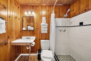Secadora de cabello, toallas, jabón, papel de baño 