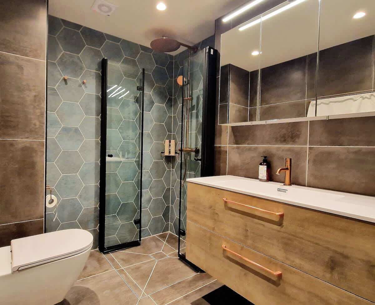 Shower, hair dryer, shampoo