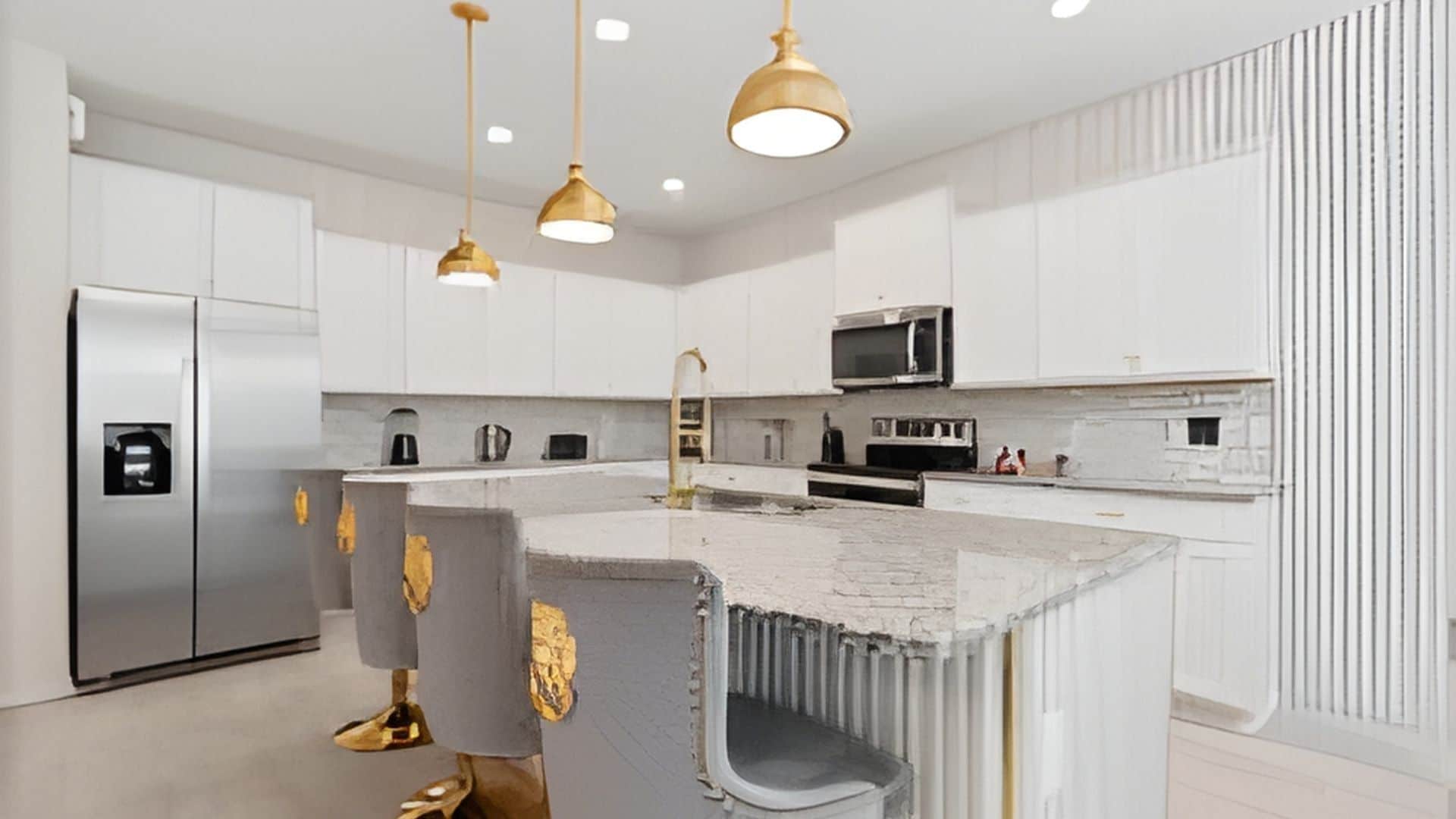 A modern kitchen with white cabinetry, a stainless steel refrigerator, a microwave, and a large island with gold accents.