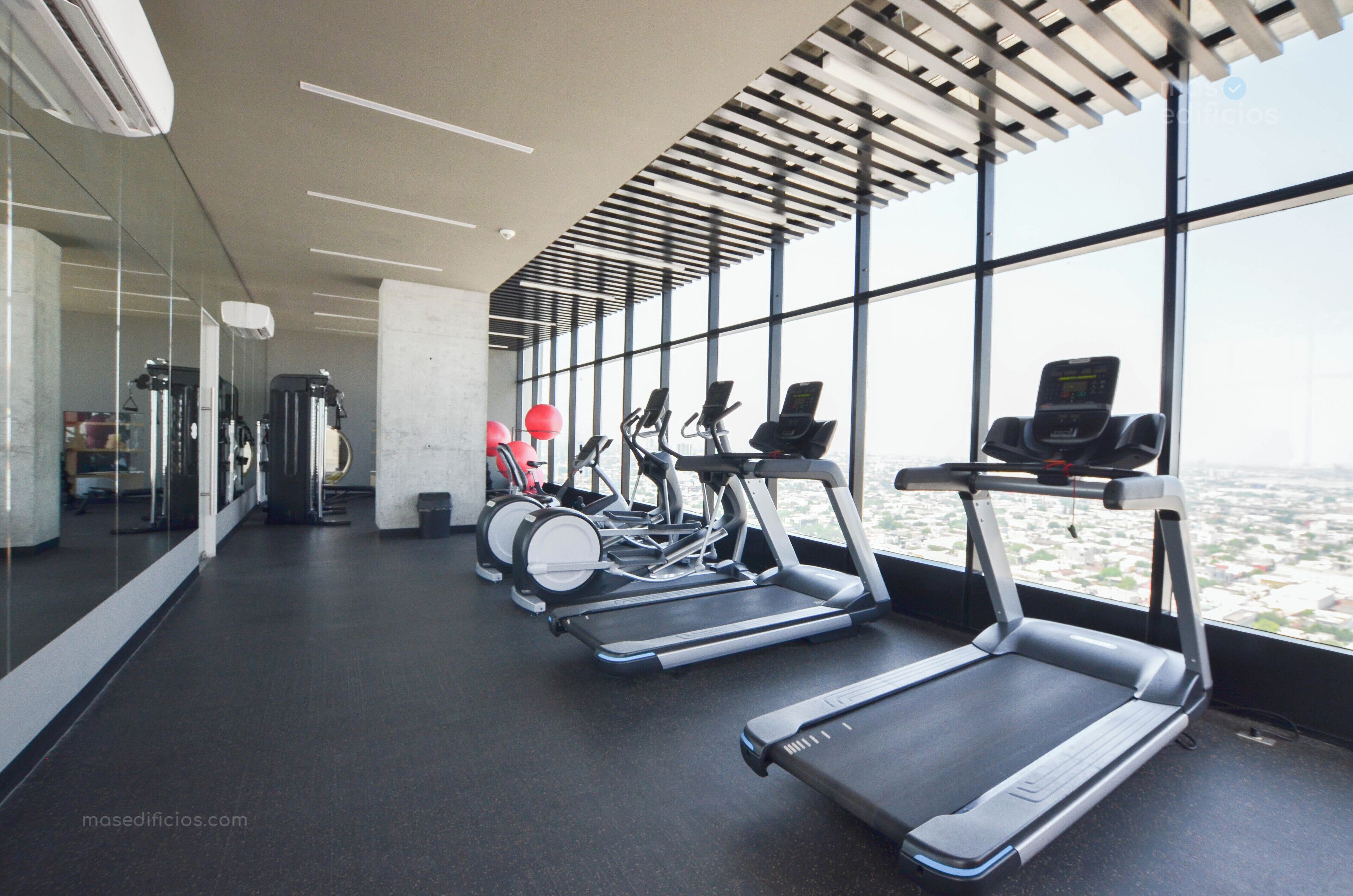 A gym with treadmills, exercise bikes, and a rowing machine.