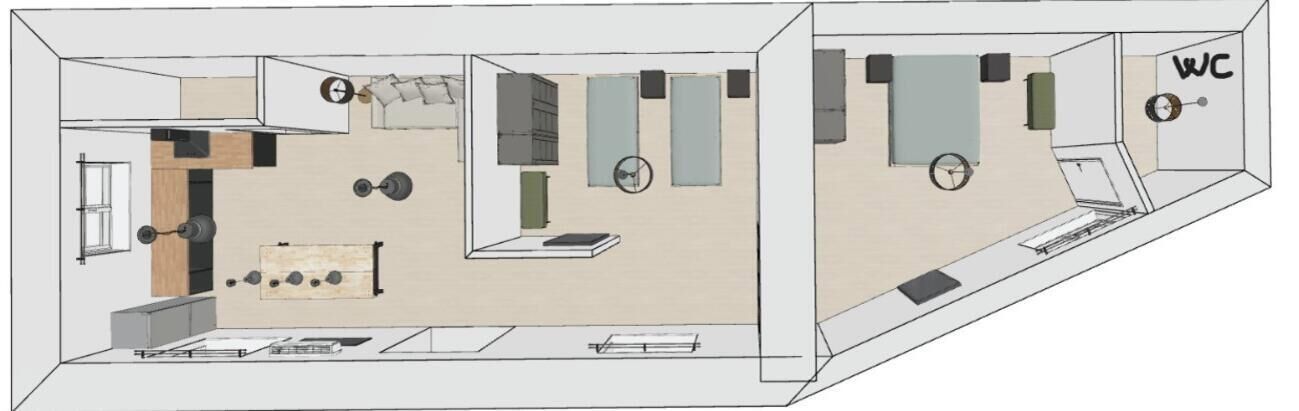 A 3D model of a hotel room with a kitchenette, a bathroom, and a WC.