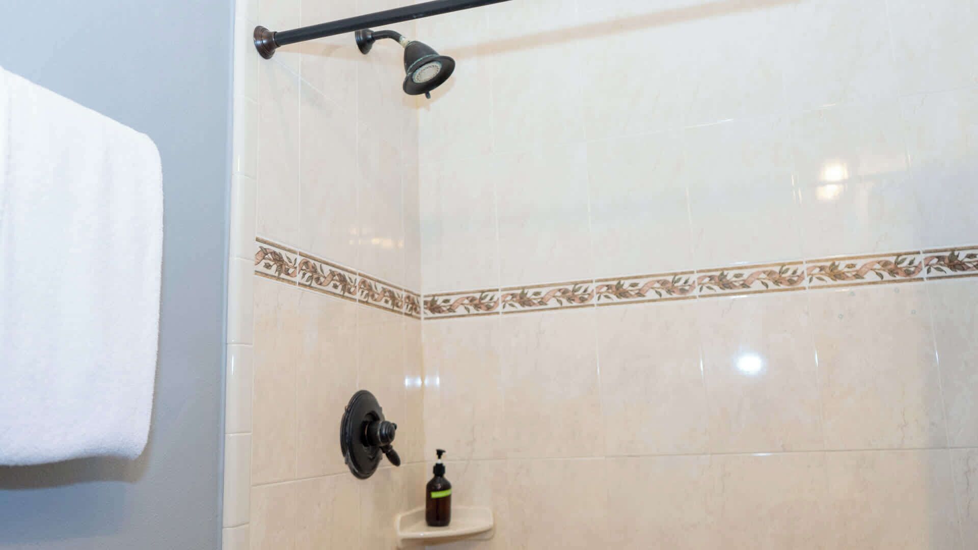 A bathroom with a shower, a towel rack, and a soap dispenser.