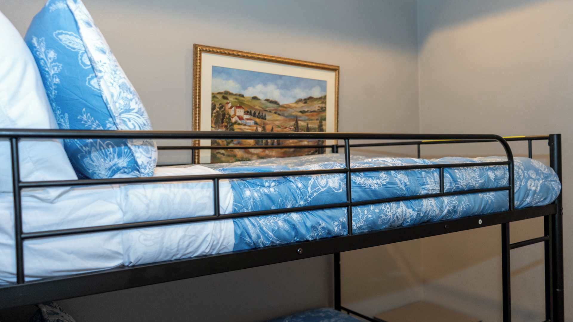 A bunk bed with blue patterned bedding, a framed landscape painting on the wall, and a window with a view of the sky.