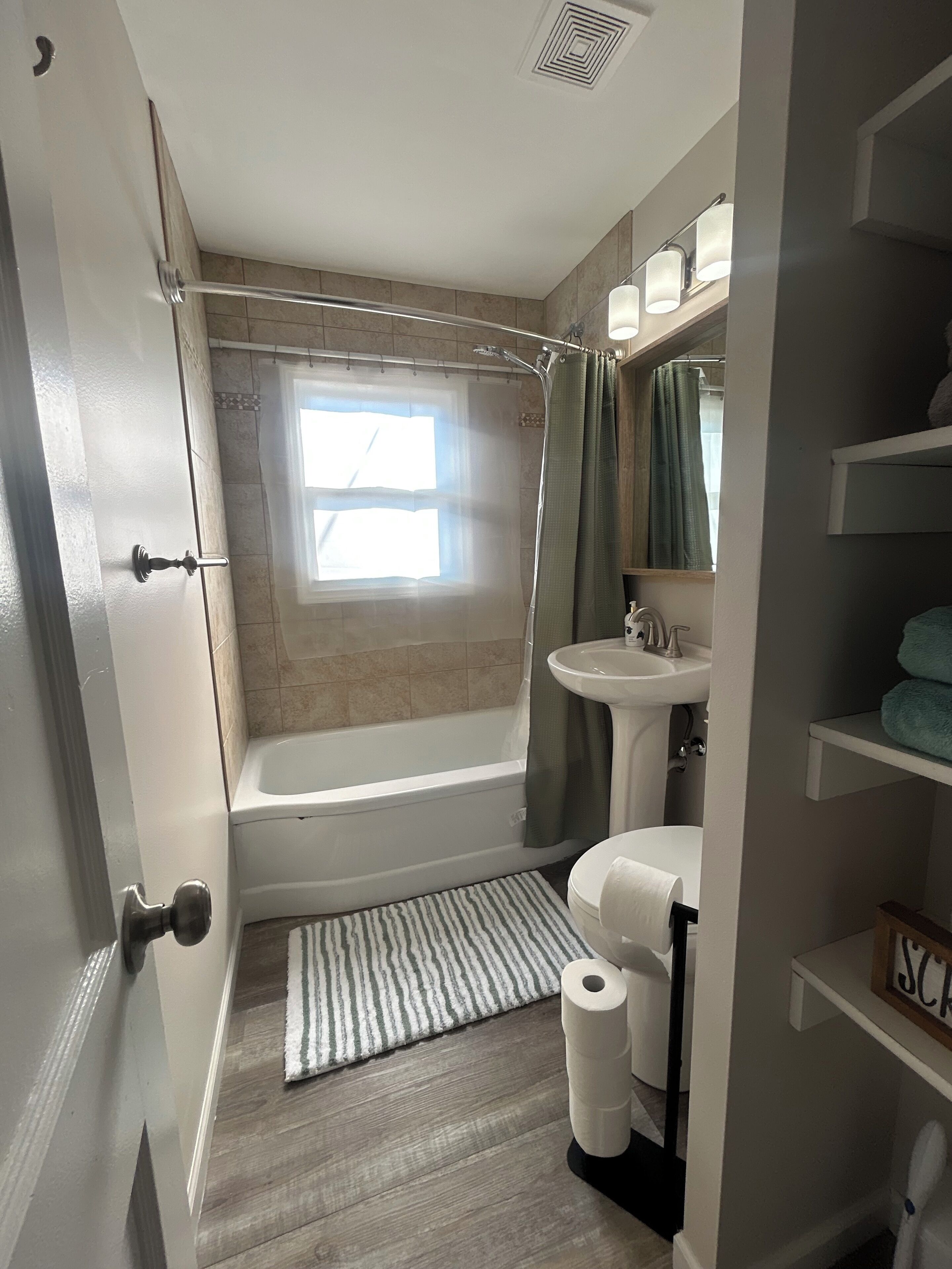 Hair dryer, towels, soap, shampoo