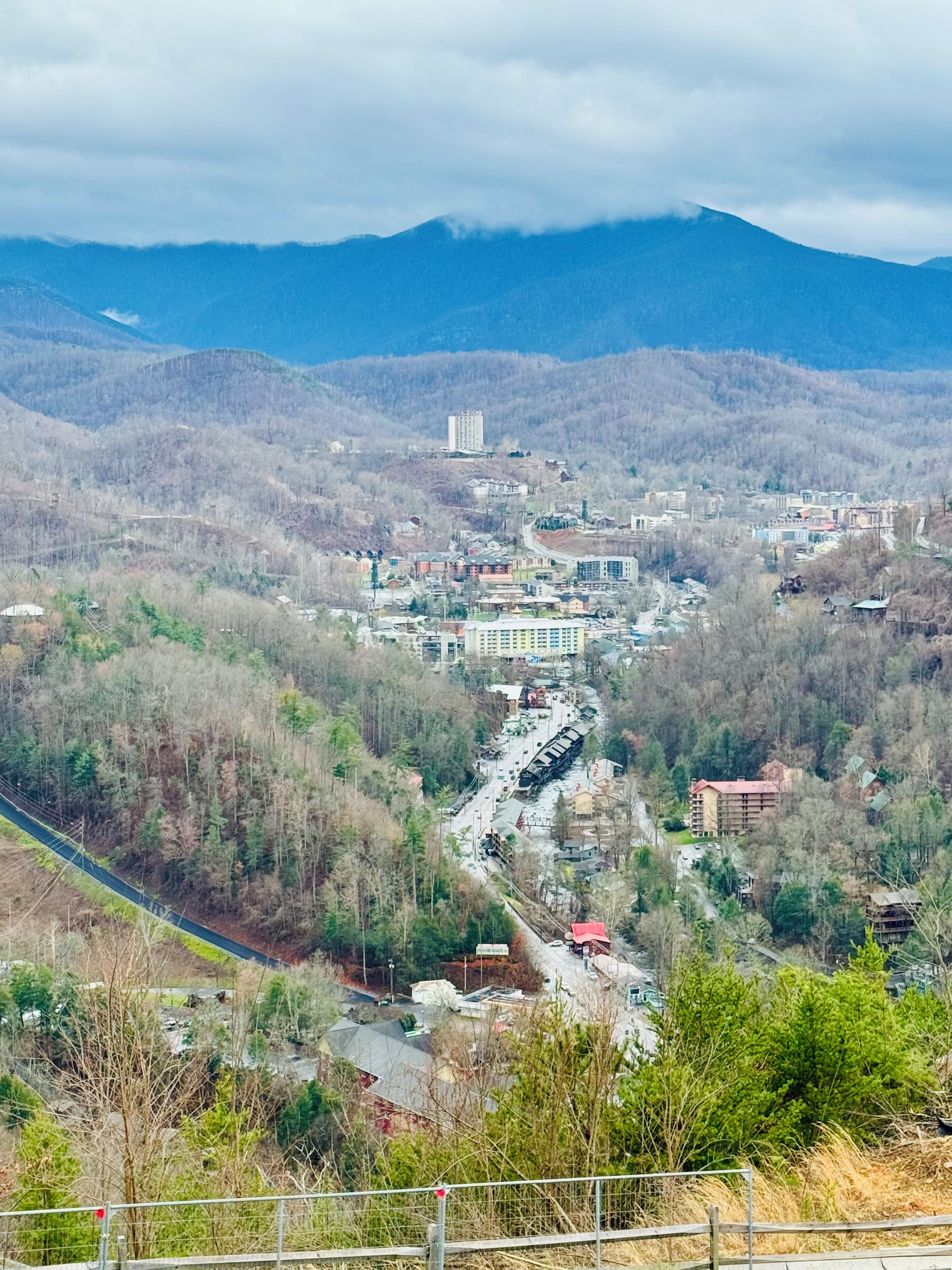 A town nestled in a valley with a mountain backdrop, featuring a mix of residential and commercial buildings, a prominent hotel, and a road leading through the town.