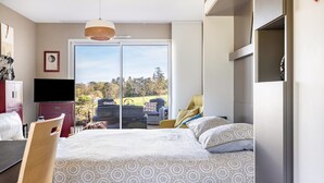 Een slaapkamer met een bed, een televisie, een stoel en uitzicht op het landschap.