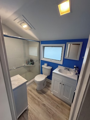 Shower, hair dryer, towels, soap