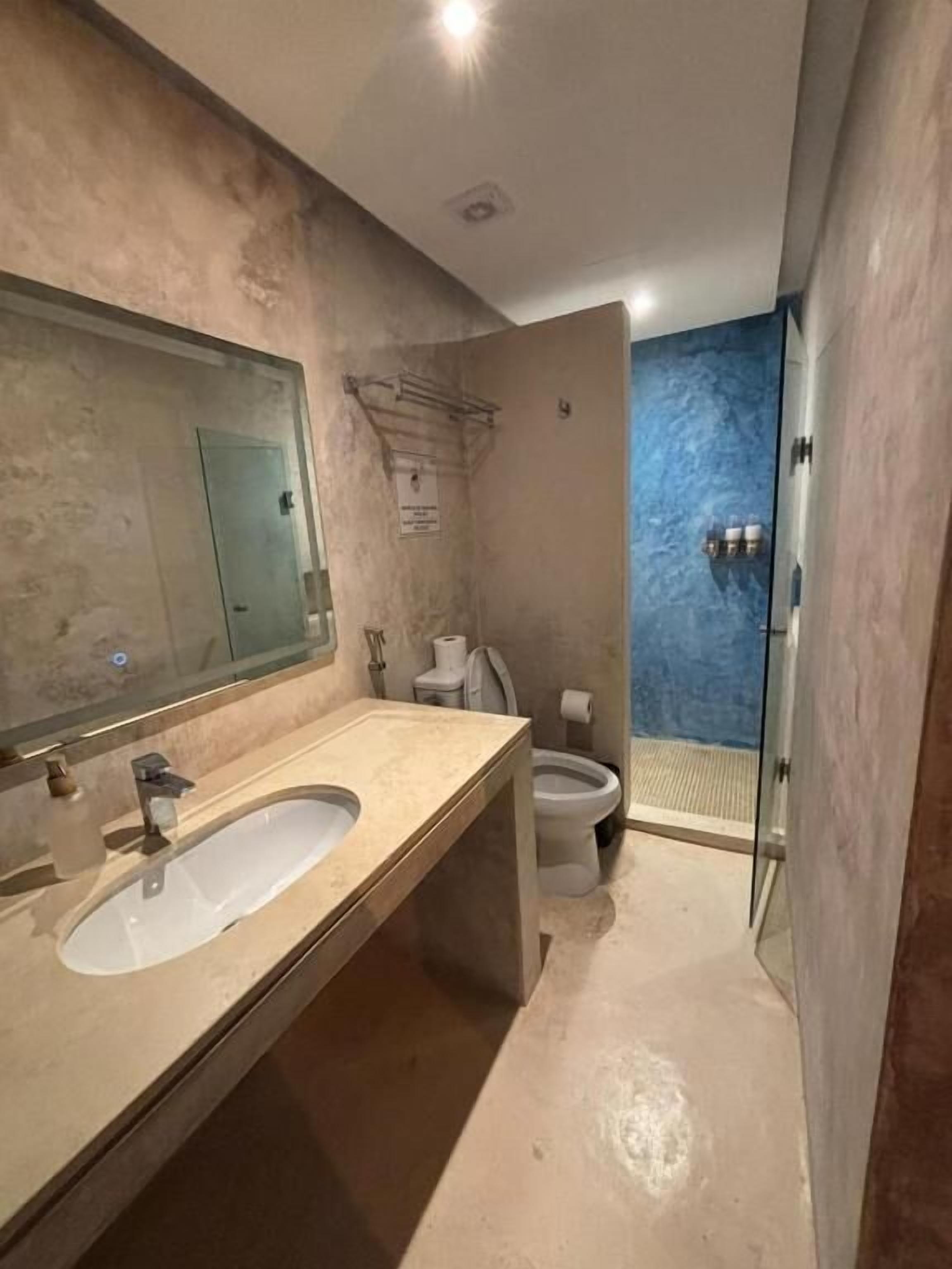 A modern bathroom with a large mirror, two sinks, a toilet, and a glass shower enclosure.