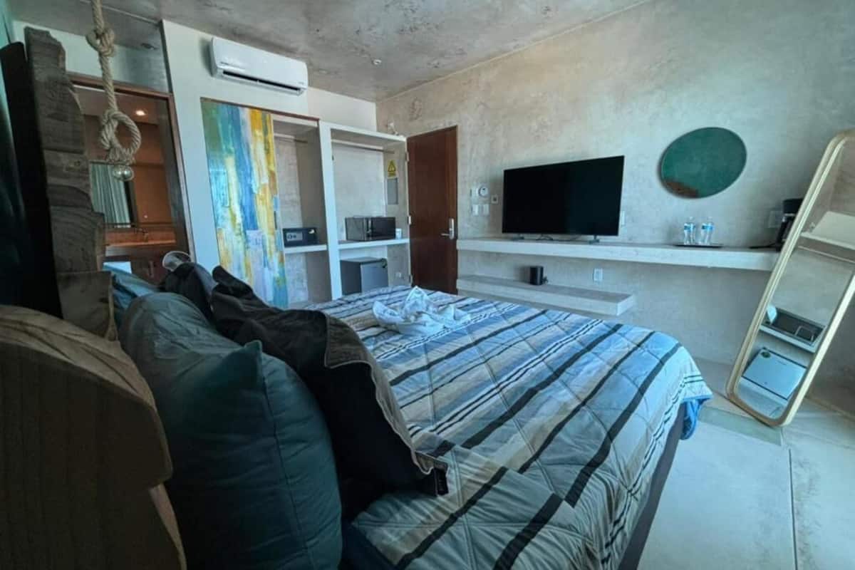 A bedroom with a bed, a television, a mirror, and a wardrobe.