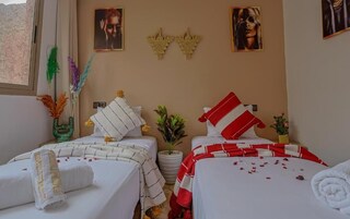 Habitación de hotel con dos camas, cada una con un estilo de ropa de cama diferente, una planta pequeña en maceta y decoración en la pared.