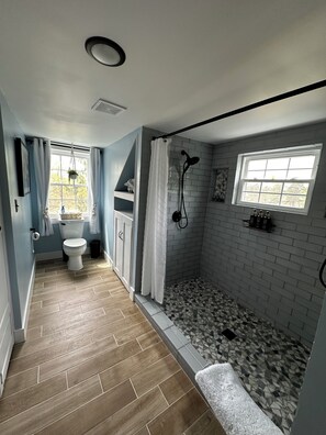 Shower, hair dryer, towels, soap