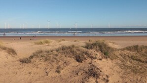 Une plage avec des éoliennes visibles au loin, des dunes de sable et un ciel bleu dégagé.