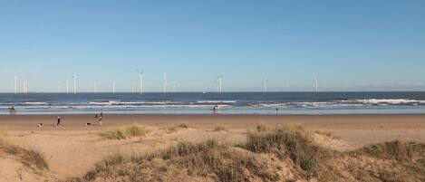 Uma praia com turbinas eólicas à distância, dunas de areia e um céu azul claro.