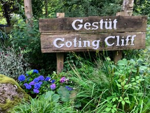 Uma placa de madeira com o texto 'Gestüt Goting Cliff' rodeada por vegetação e flores.
