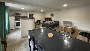 A compact living space with a kitchenette, a dining area, and a seating area with a sofa and a TV. - Apartment in riding center - 4 guests (Le Vernet)