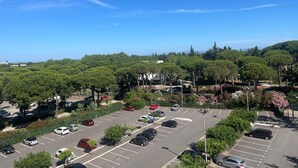 Un estacionamiento con varios coches, rodeado de árboles y vegetación.