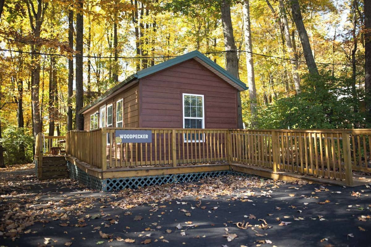 A small wooden cabin with a sign reading 'WOODPECKER' in a forested area.