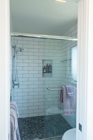 Shower, hair dryer, towels