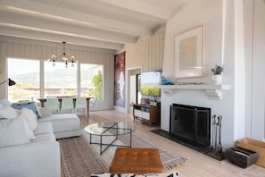 Smart TV, fireplace, books