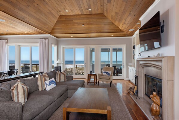 Smart TV, fireplace, books