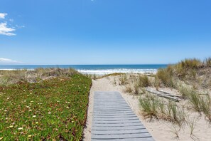 Een houten looppad dat naar het strand leidt, omringd door grasduinen en begroeiing.