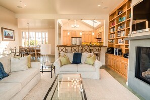 Smart TV, fireplace, books