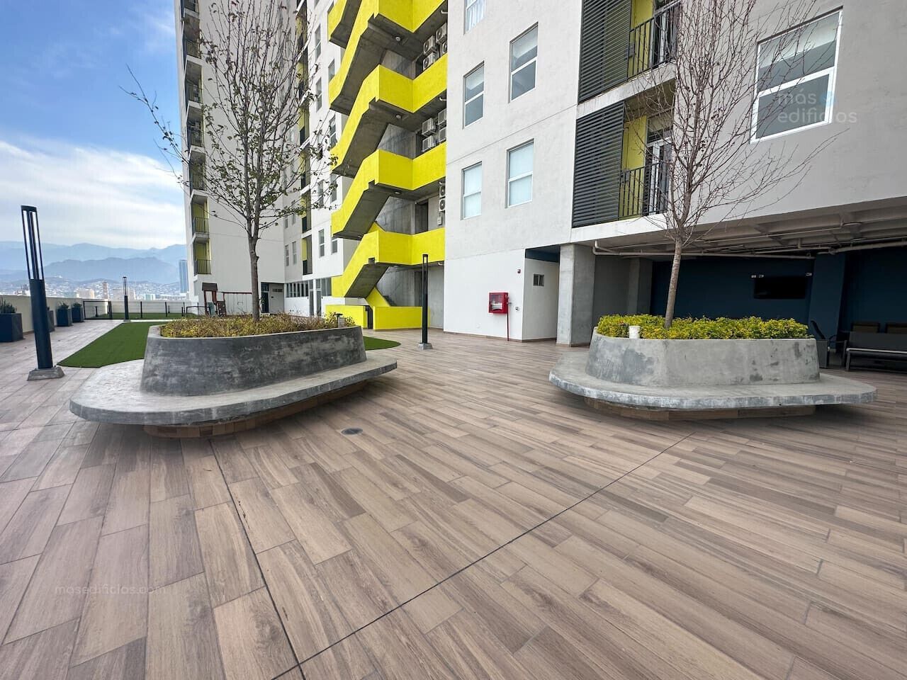 A modern building with a yellow and grey facade, a flat roof, and a paved courtyard with planters and trees.