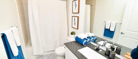 Shower, hair dryer, towels, soap