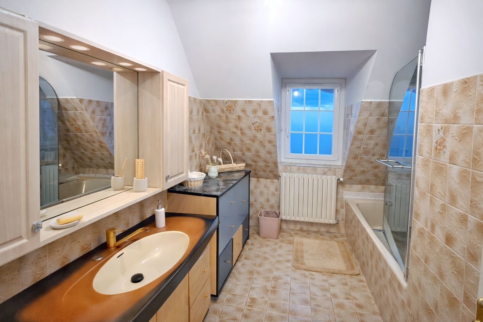 Secadora de cabello, toallas, jabón, papel de baño 