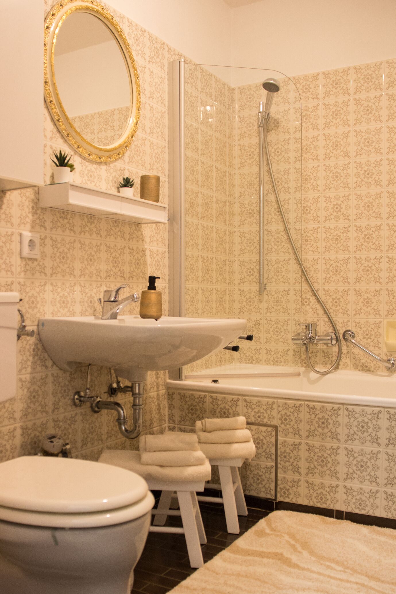 Hair dryer, towels, soap, shampoo