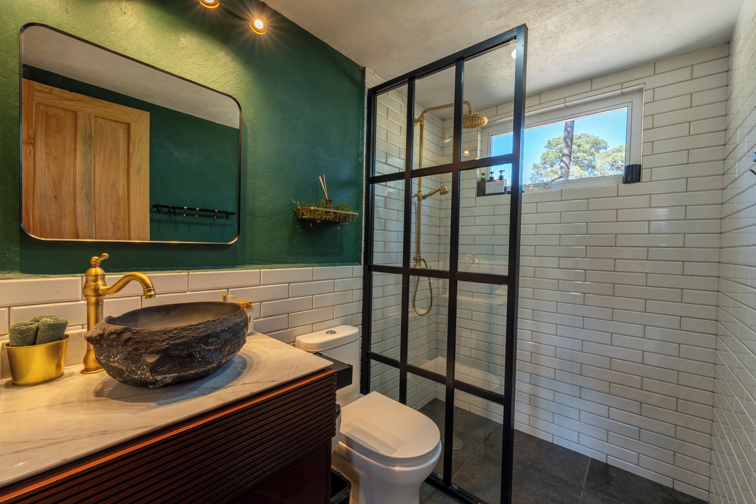 Shower, eco-friendly toiletries, towels, soap
