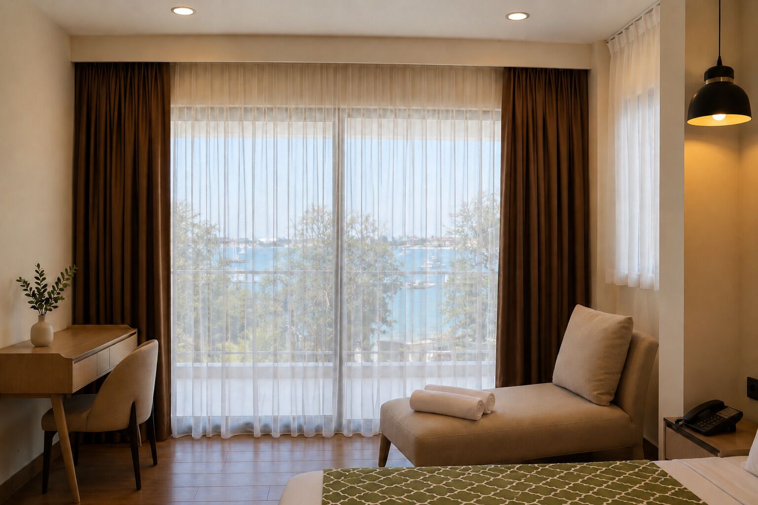 A hotel room with a bed, a desk, a chair, a bedside table, a lamp, and a view of a body of water.