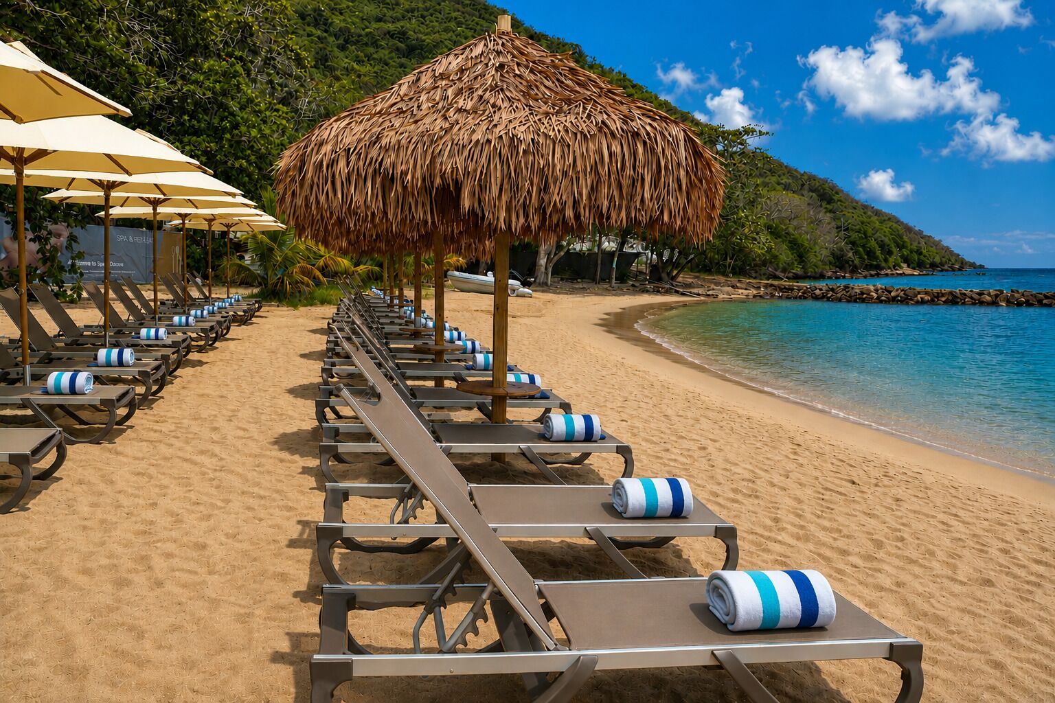 A beach with rows of sun loungers and thatched umbrellas, a clear blue sea, and a rocky coastline.