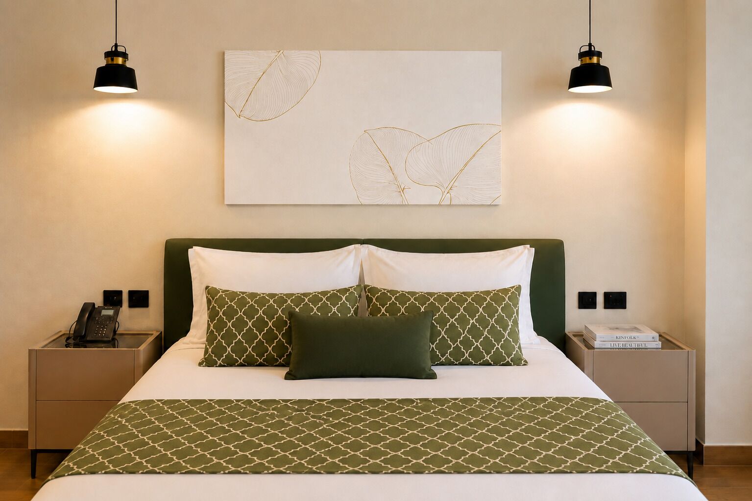 A neatly made bed with patterned pillows, a bedside phone, and a bedside table with a book.