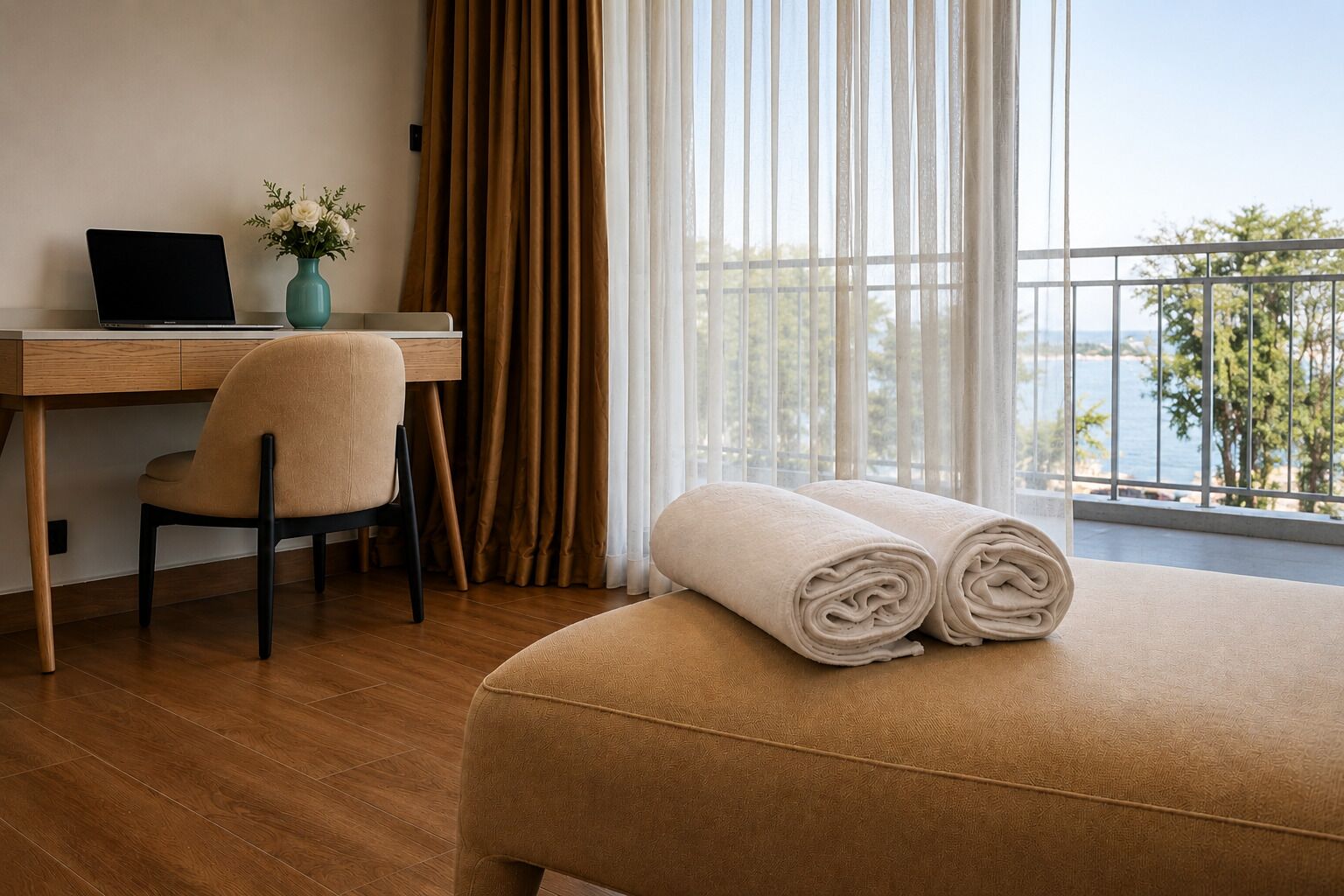 A hotel room with a wooden desk, a laptop, a chair, a bed with rolled towels, and a view of the sea through large windows.