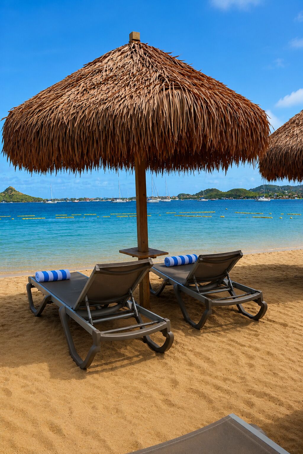 A beach with two sun loungers and a thatched umbrella.