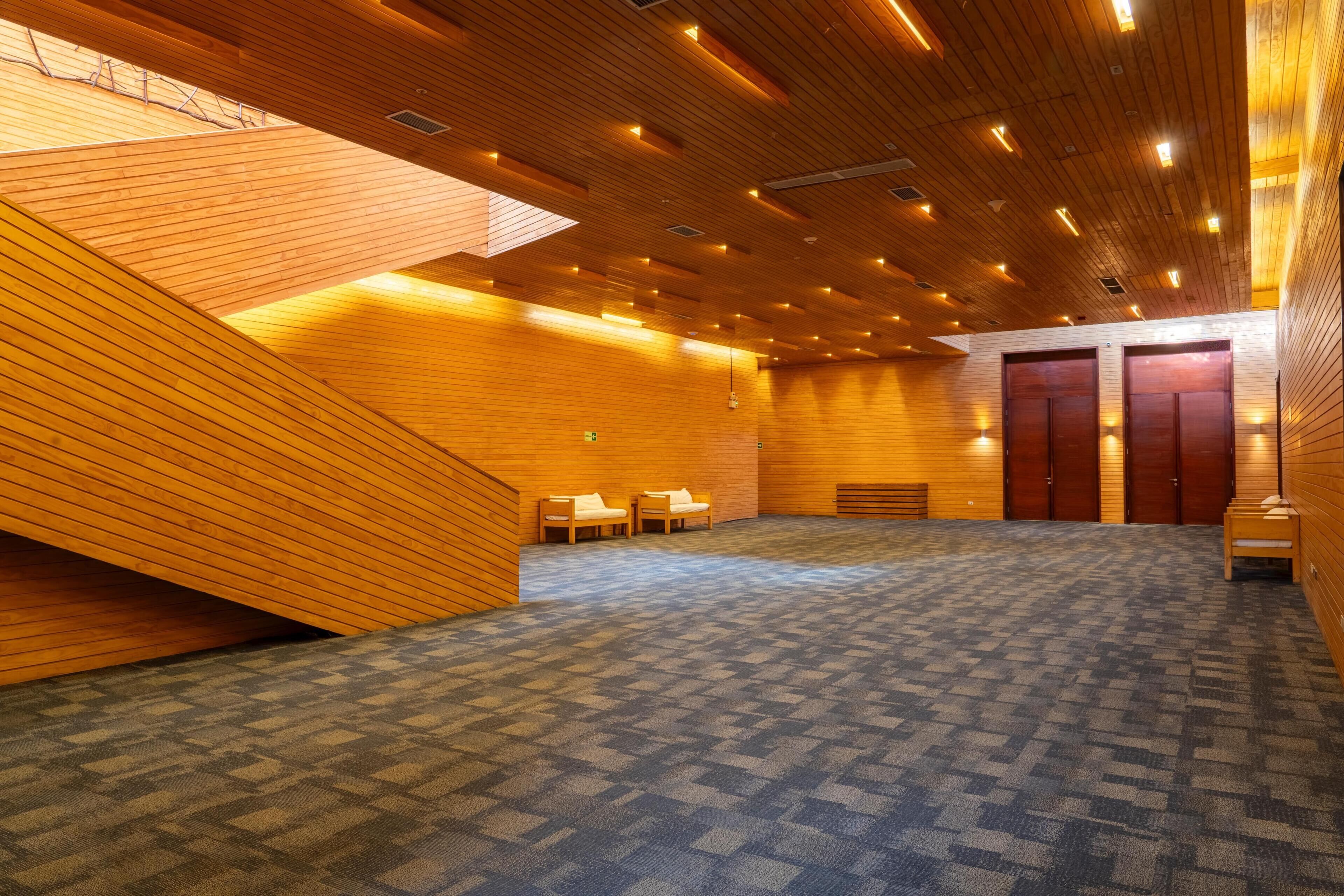 Une pièce spacieuse avec un tapis à carreaux, des murs en bois et un plafond en pente.