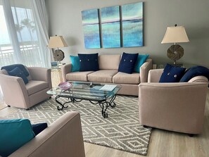 Living area - Beach view. Wall to wall windows in all rooms. (Marco Island)