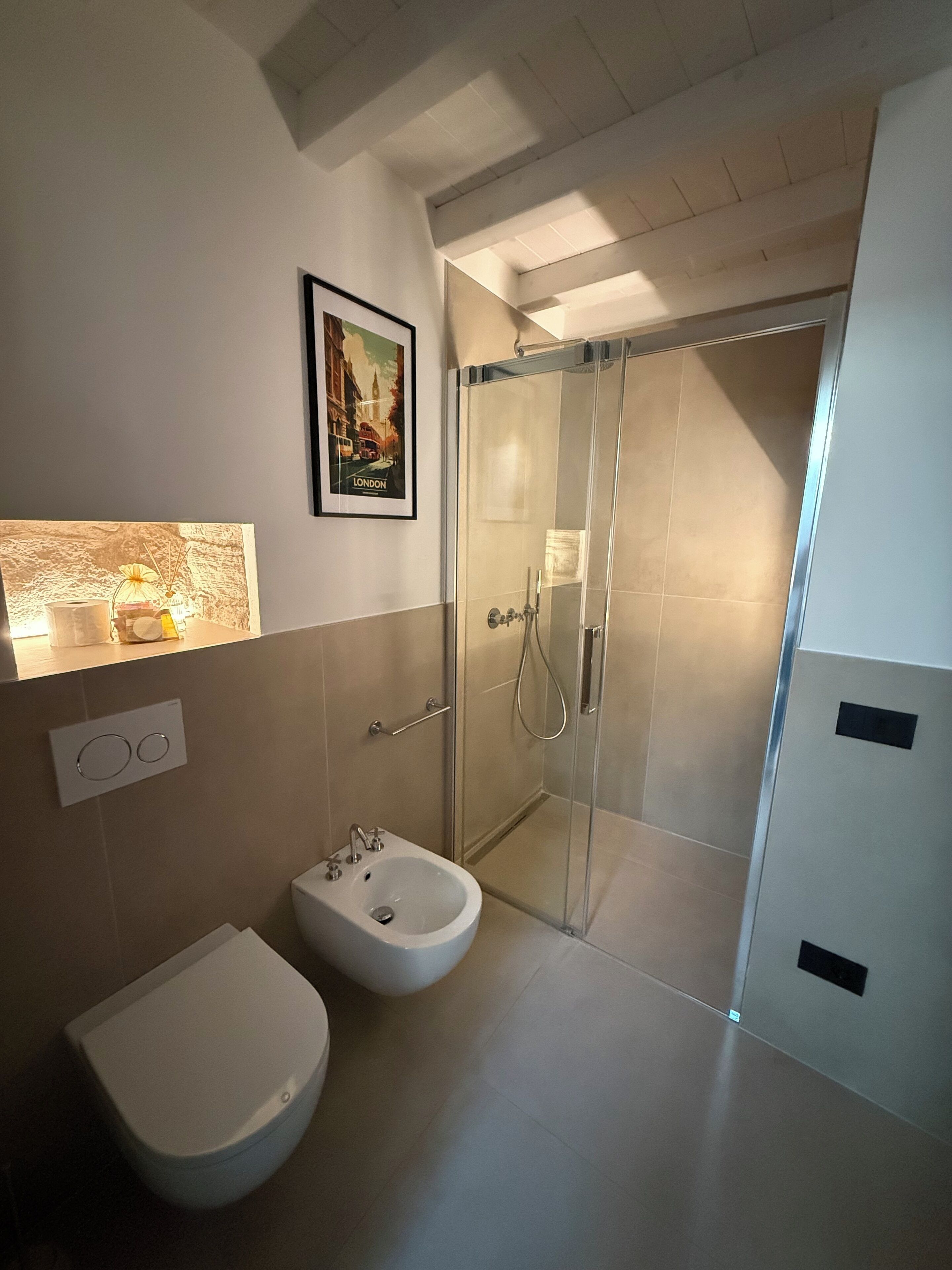 Regadera, secadora de cabello, bidet, toallas 